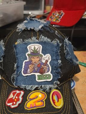 Distressed Denim Patch Black Cap with Weed Graphic